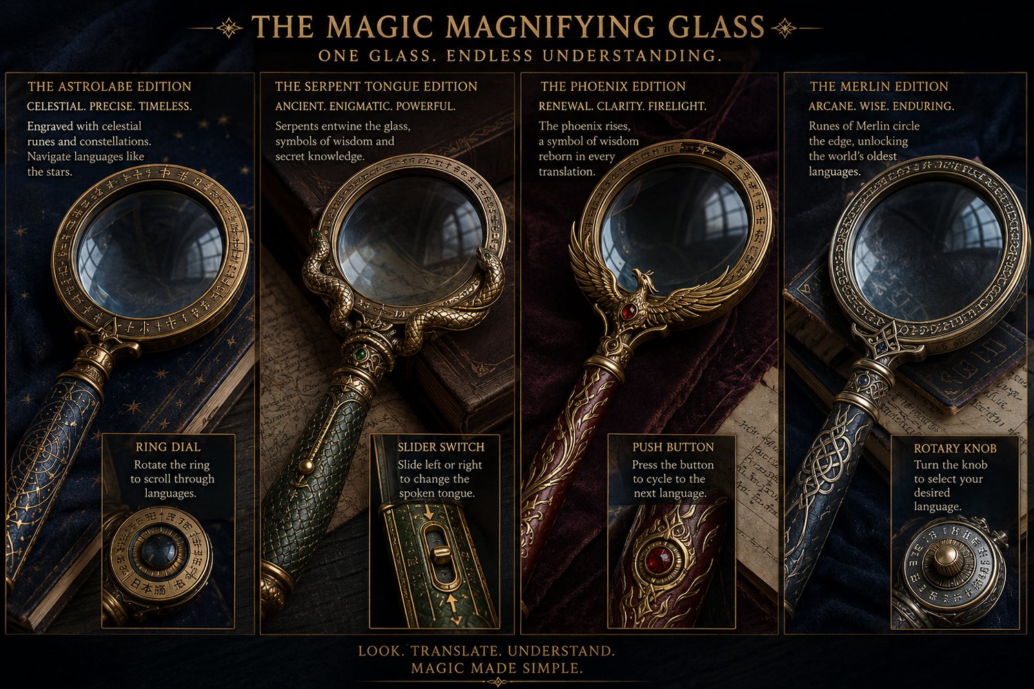 The four editions of the Magic Magnifying Glass: Astrolabe with a ring dial, Serpent Tongue with a slider switch, Phoenix with a push button, and Merlin with a rotary knob.