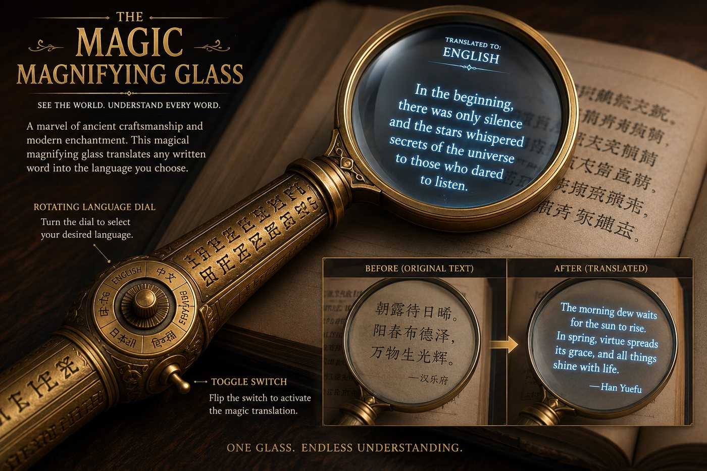 The Magic Magnifying Glass — an ornate brass magnifier with a rotating language dial and toggle switch, resting on an open book.